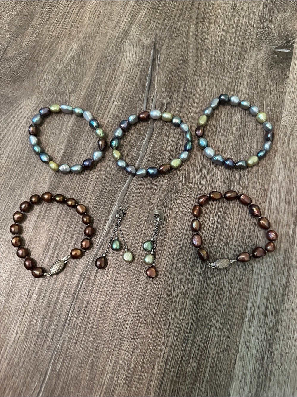 Freshwater Pearl Stretch Bracelet Set in Iridescent Blue-Green and Brown